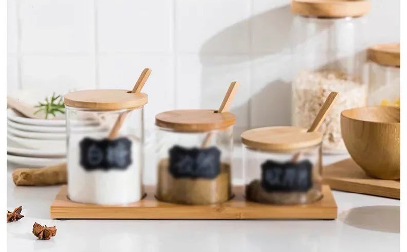 Kitchen Glass Condiment Jar Set Wood Lid with Tray Spoon Clear Seasoning Spice Salt Jar Dust-Proof Coffee Beans Organizer Bottle