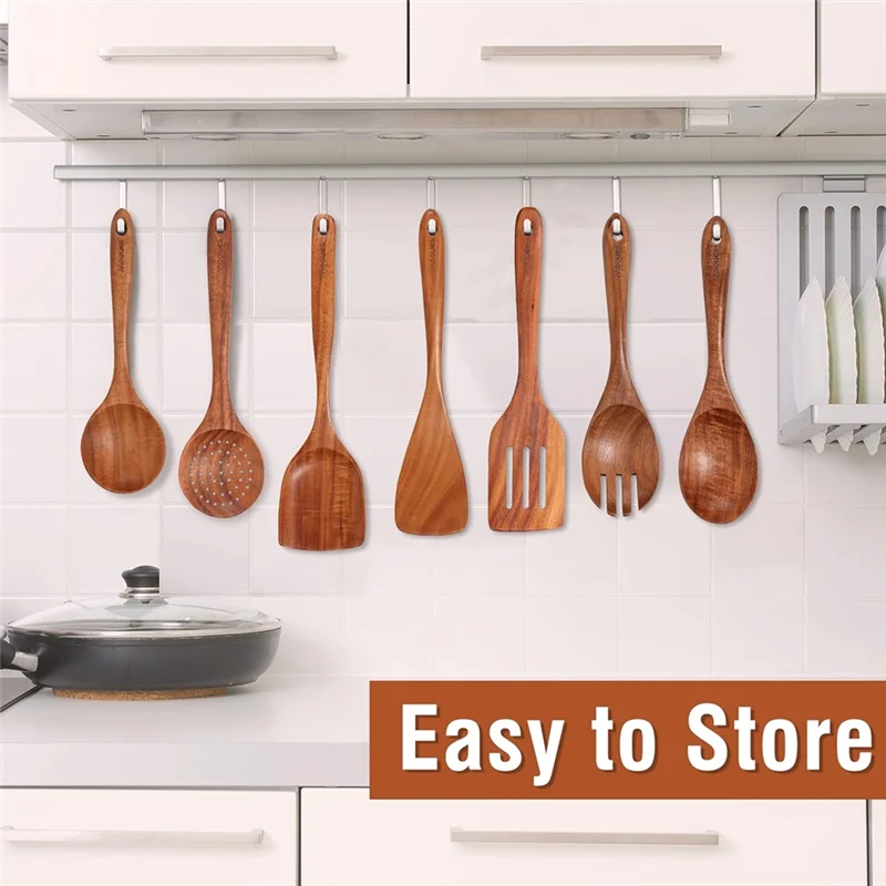 9 PCS Natural Wooden Spoons For Cooking Wooden Utensils For Cooking With Utensil Holder Teak Wooden Kitchen Utensils Setabkw