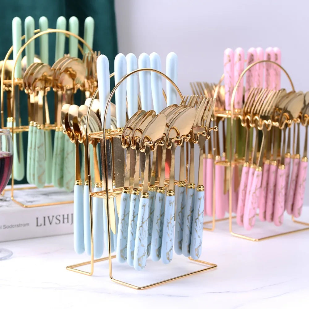 Fashion 24pcs Cutlery Set Stainless Steel Metal Gift Tableware Forks Spoons Kits Dinnerware Home School Kitchen