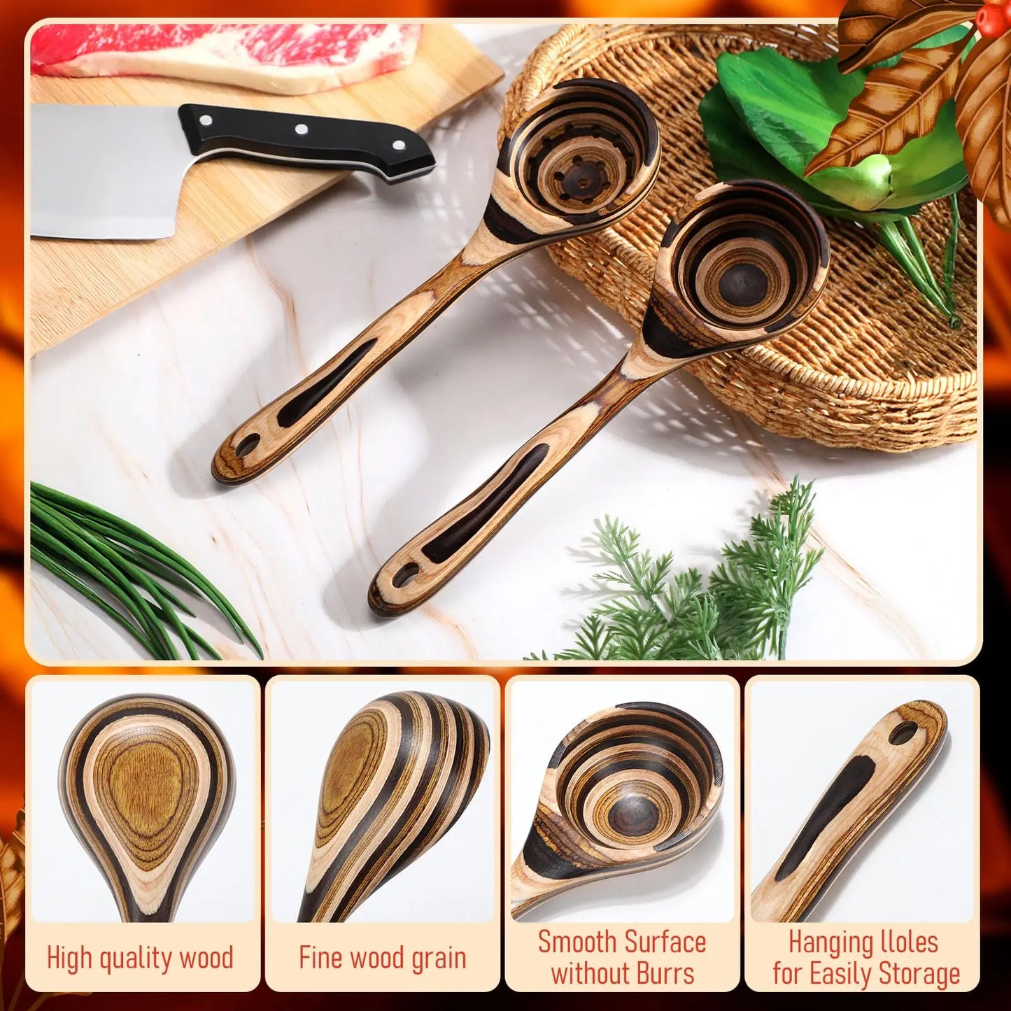 IK Kitchen Utensils 7PCS Pakkawood Cooking Utensils Set Wooden Spoons for Kitchen Wood Spatula with Non-slip Handle