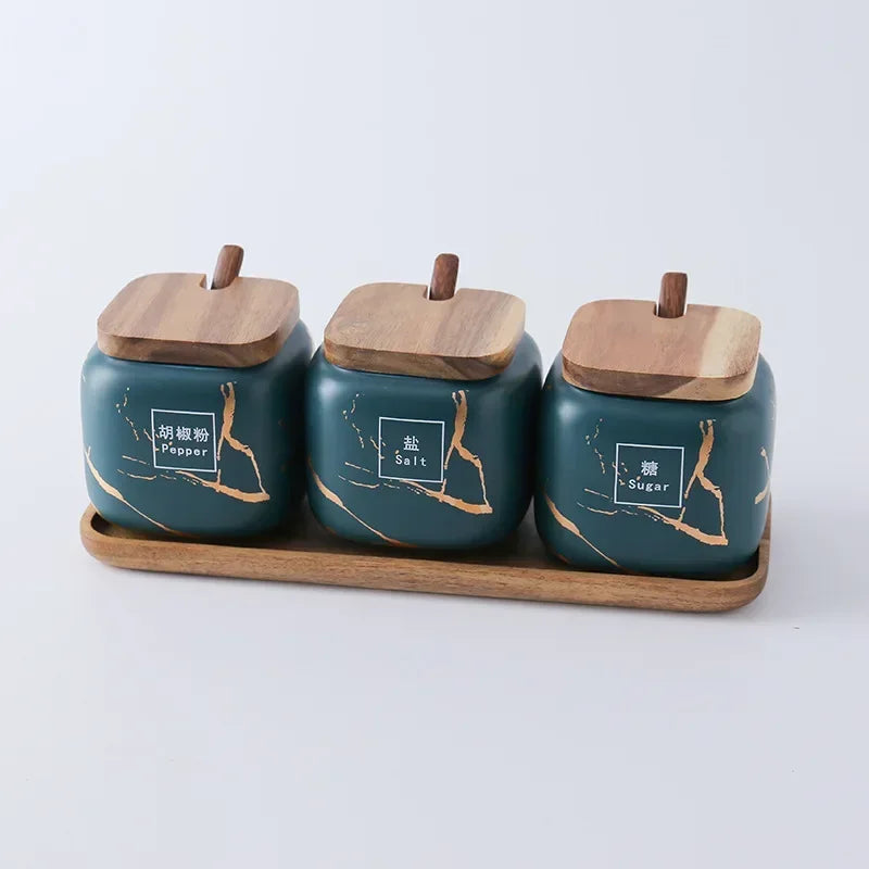 Japanese kitchen matte seasoning jar set, marble ceramic household combination seasoning box, salt and sugar, seasoning bottle.