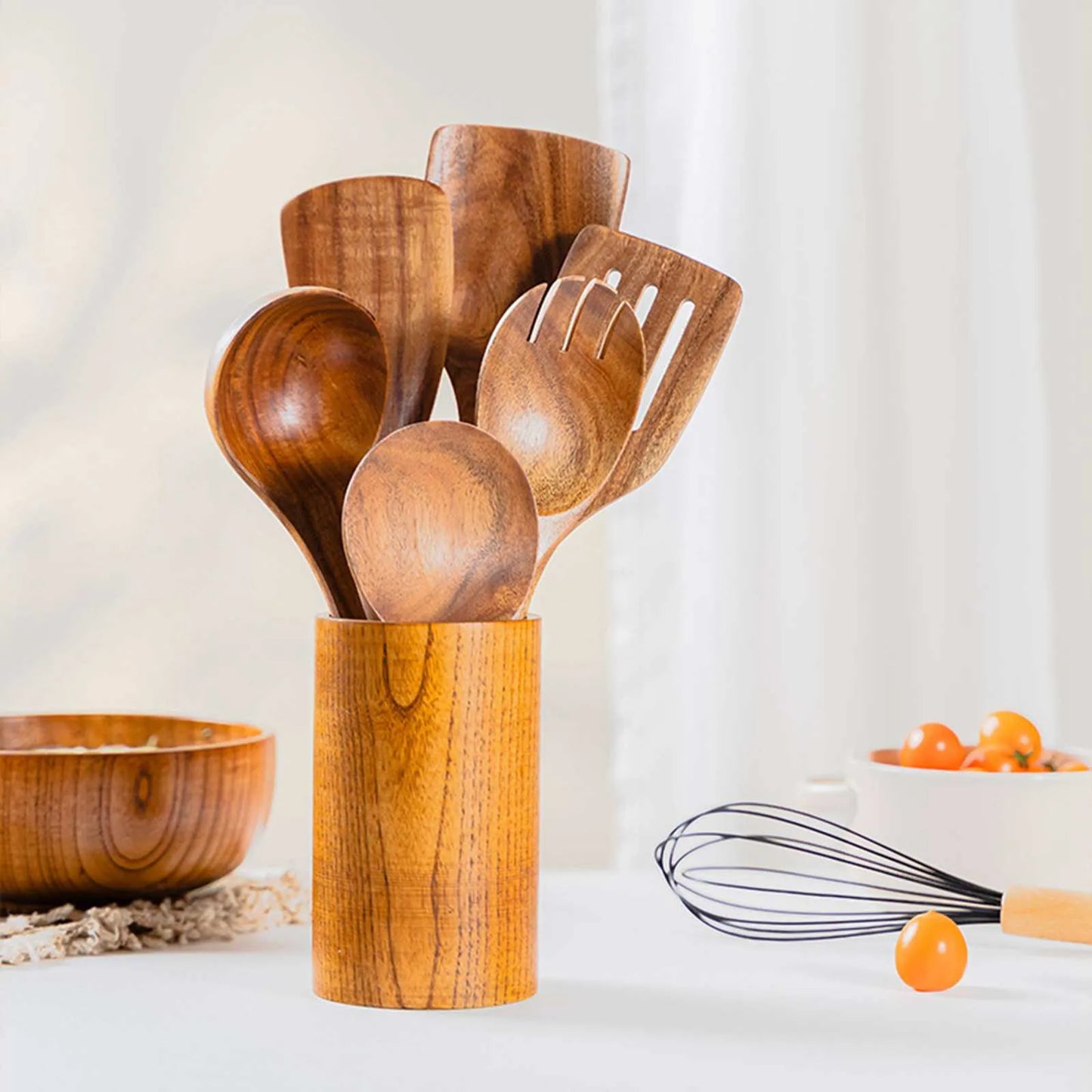 9pcs Natural Wood Kitchenware Set Skimmer Spoons Salad Scoop Kitchen Utensils Non Stick Rice Colander Soup Cooking Tools