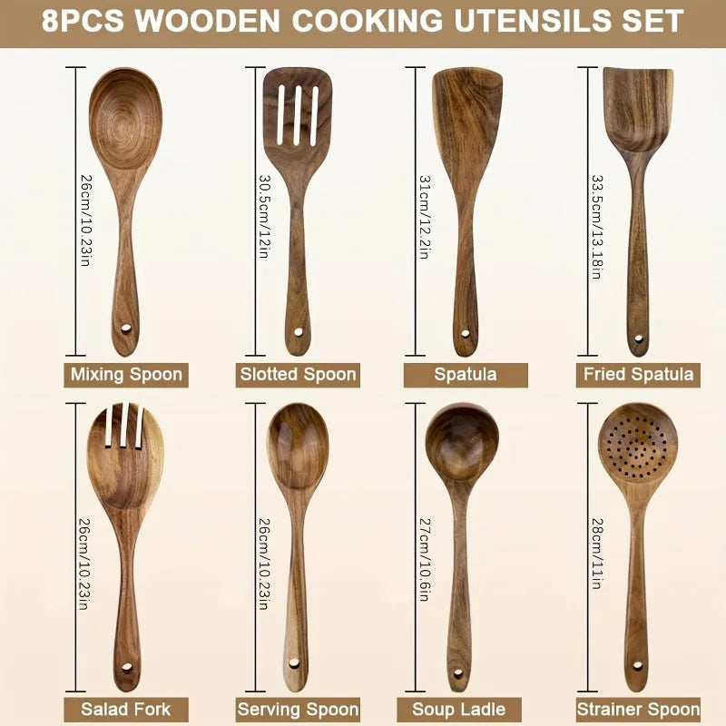 Durable Acacia Wooden 8pcs Kitchen Utensil Set - Non-Stick Cookware Tools, Multi-Purpose Cooking Spoons And Spatulas Kit