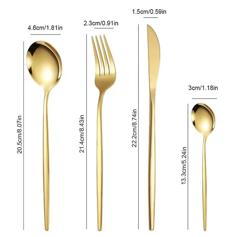 24pcs stainless steel tableware set, including knife, fork, spoon and tea spoon, suitable for outdoor travel.