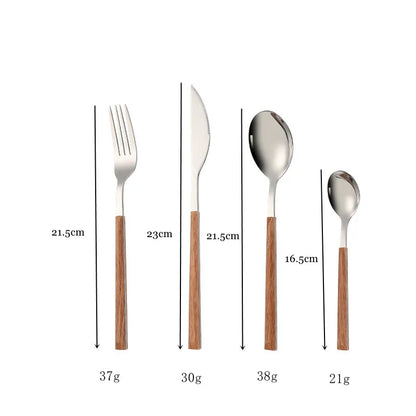 24pcs Kitchen Cutlery Set Utensils Stainless Steel Fork Spoons Knife Teaspoons Dinnerware Tableware Sets Imitation Wooden Handle