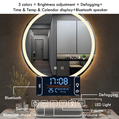 50CM/60cm Round Smart Makeup Bathroom Mirror 3 Color Adjustable LED LIght Multi-Function With Demist Bluetooth Speaker