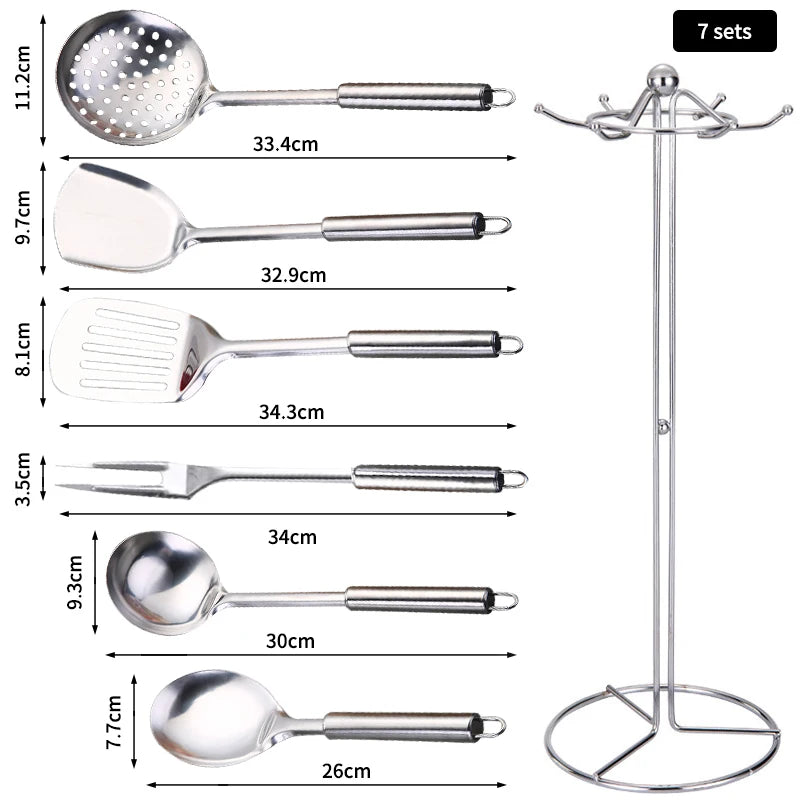 Stainless Steel Cooking Utensils Kitchen 6 Pics With Storage Rack Spatula Colander Cookware Kitchen Tools Serving Soup Spoon