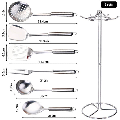 Stainless Steel Cooking Utensils Kitchen 6 Pics With Storage Rack Spatula Colander Cookware Kitchen Tools Serving Soup Spoon