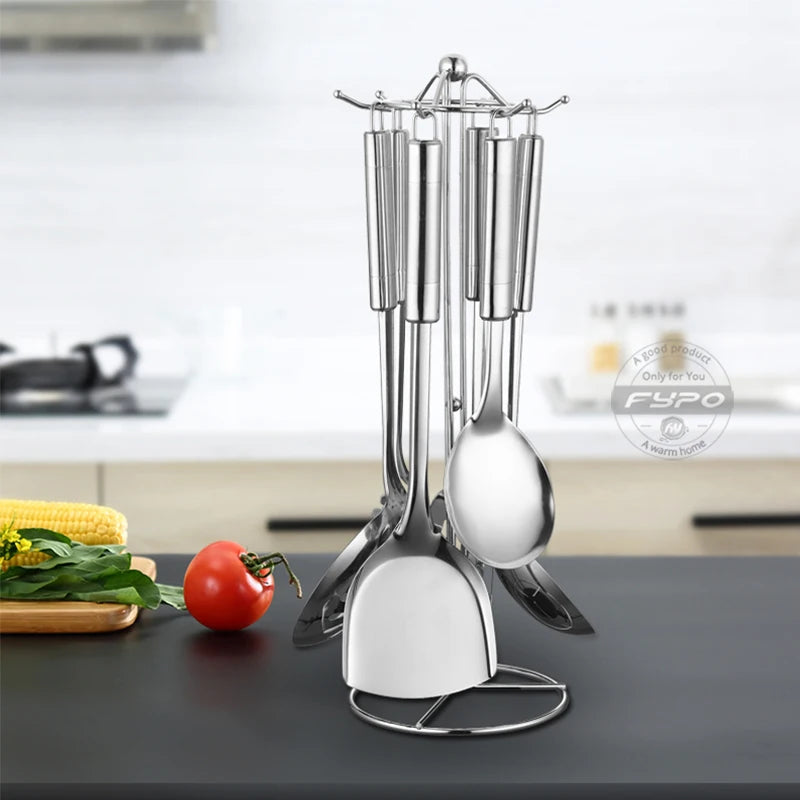Stainless Steel Cooking Utensils Kitchen 6 Pics With Storage Rack Spatula Colander Cookware Kitchen Tools Serving Soup Spoon