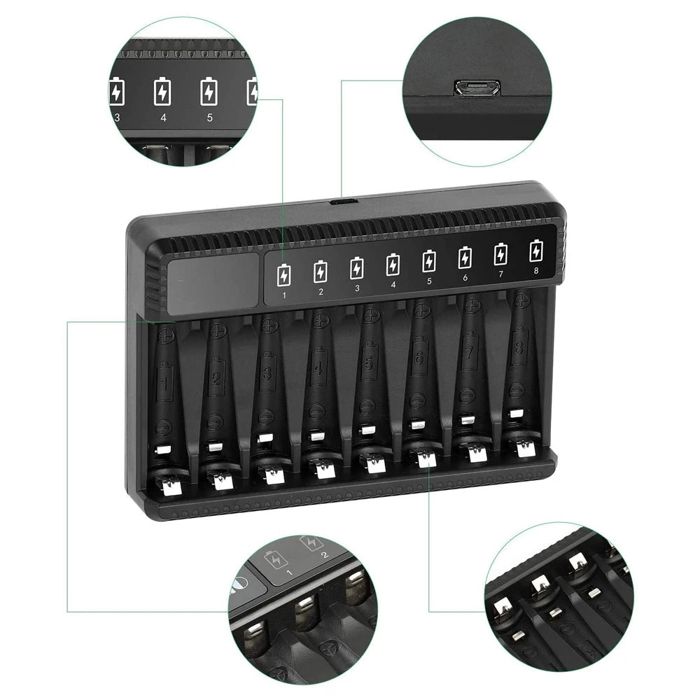 8 Slot Smart Battery Charger LED Display for AA/AAA NiMH Rechargeable Batteries