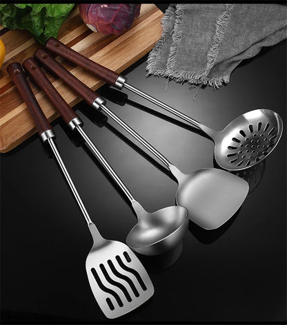 Home Wooden Handle Kitchenware Cooking Utensils Stainless Steel Spatula Frying Shovel Soup Spoon Colander Kitchen Accessories