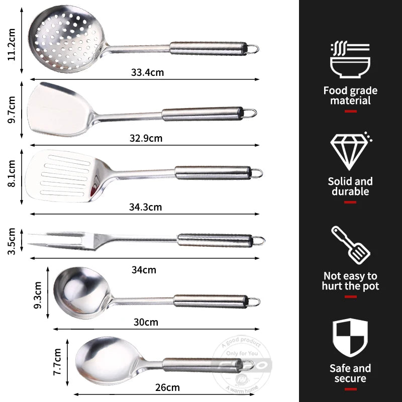 Stainless Steel Cooking Utensils Kitchen 6 Pics With Storage Rack Spatula Colander Cookware Kitchen Tools Serving Soup Spoon