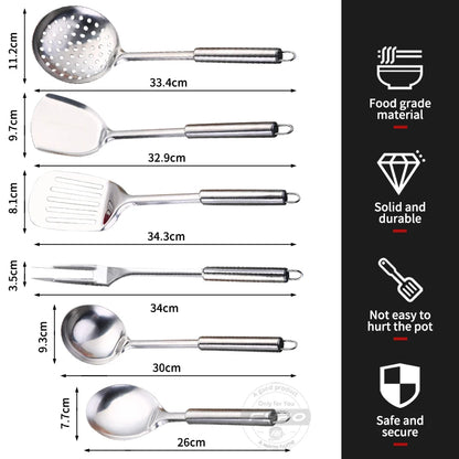 Stainless Steel Cooking Utensils Kitchen 6 Pics With Storage Rack Spatula Colander Cookware Kitchen Tools Serving Soup Spoon