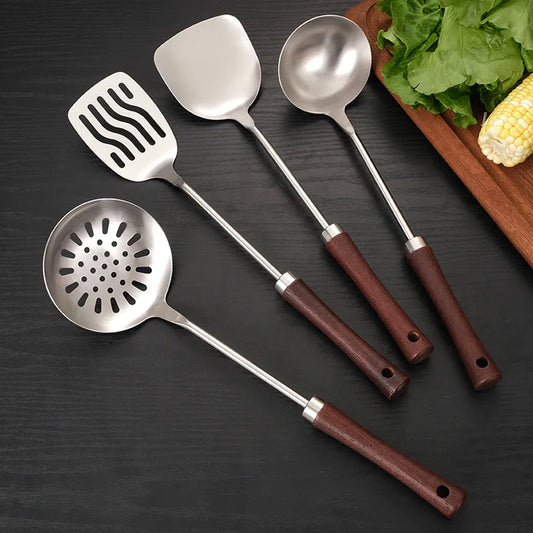 Home Wooden Handle Kitchenware Cooking Utensils Stainless Steel Spatula Frying Shovel Soup Spoon Colander Kitchen Accessories