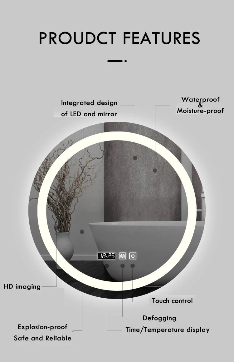 50CM/60cm Round Smart Makeup Bathroom Mirror 3 Color Adjustable LED LIght Multi-Function With Demist Bluetooth Speaker