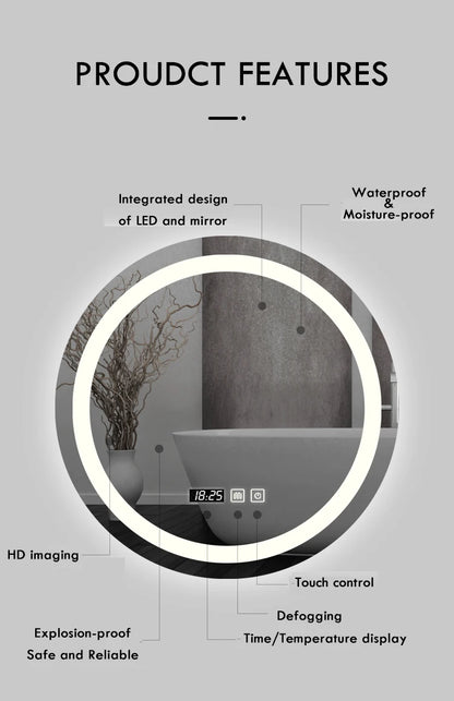 50CM/60cm Round Smart Makeup Bathroom Mirror 3 Color Adjustable LED LIght Multi-Function With Demist Bluetooth Speaker