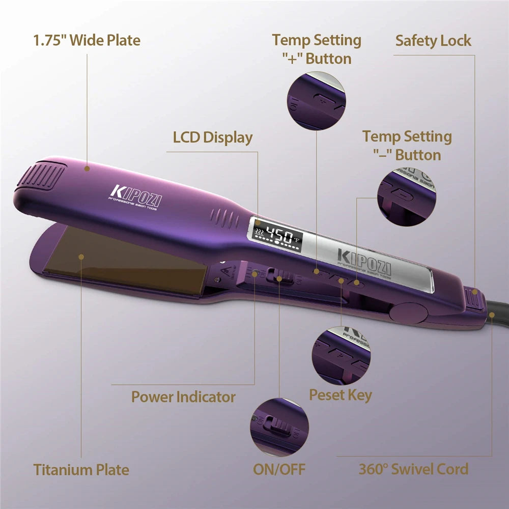KIPOZI Professional Titanium Flat Iron Hair Straightener – Digital LCD Display, Dual Voltage, Instant Heating