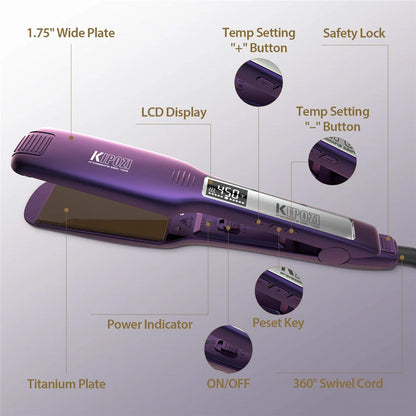 KIPOZI Professional Titanium Flat Iron Hair Straightener – Digital LCD Display, Dual Voltage, Instant Heating
