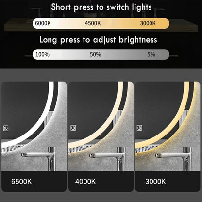 50CM/60cm Round Smart Makeup Bathroom Mirror 3 Color Adjustable LED LIght Multi-Function With Demist Bluetooth Speaker