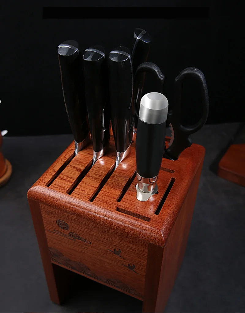 Kitchen Knife Rack Ebony Wood Hollow Knife Block Scissors Slicer Santoku knives Storage Stand Organizer Chef Knife Holder Shelf