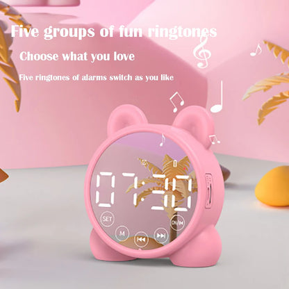 Kids Bluetooth Mirror Alarm Clock – Cute Cat Digital LED Bedside Clock for Children’s Sleep