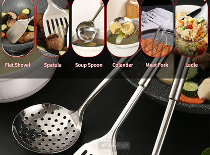 Stainless Steel Cooking Utensils Kitchen 6 Pics With Storage Rack Spatula Colander Cookware Kitchen Tools Serving Soup Spoon