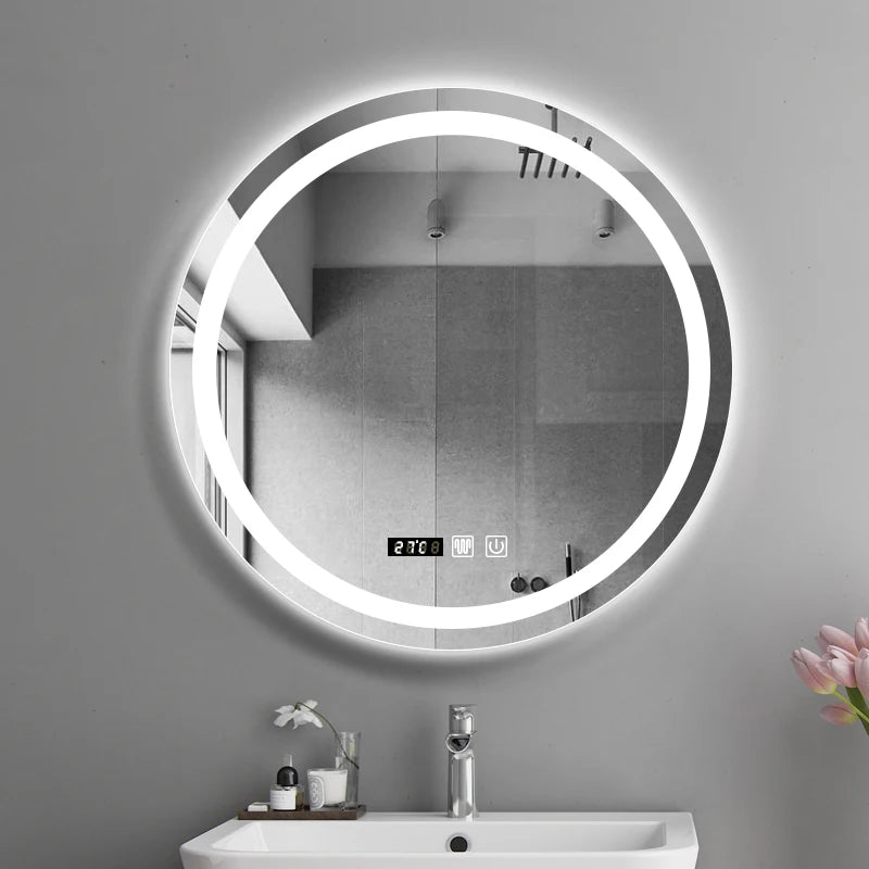 50CM/60cm Round Smart Makeup Bathroom Mirror 3 Color Adjustable LED LIght Multi-Function With Demist Bluetooth Speaker