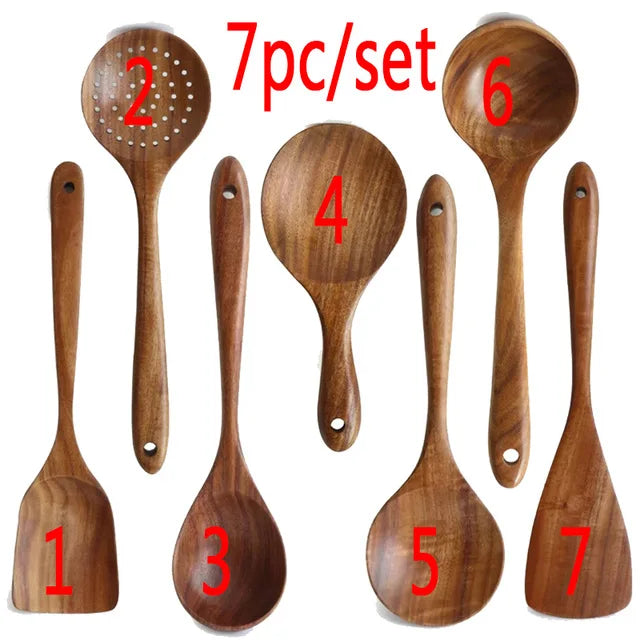 1-7pcs/set Teak natural wood tableware spoon colander spoon special nano soup skimmer cooking spoon wooden kitchen tool kit