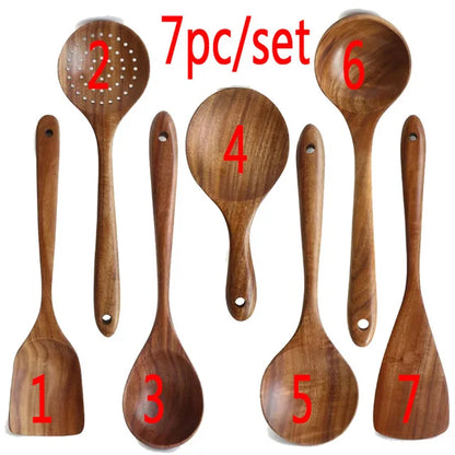 1-7pcs/set Teak natural wood tableware spoon colander spoon special nano soup skimmer cooking spoon wooden kitchen tool kit