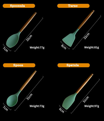 Silicone Kitchenware Cooking Utensils Set Non-stick Cookware Spatula Shovel Egg Beaters Wooden Handle Kitchen Cooking Tool Set