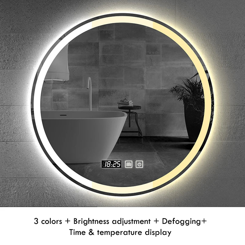 50CM/60cm Round Smart Makeup Bathroom Mirror 3 Color Adjustable LED LIght Multi-Function With Demist Bluetooth Speaker