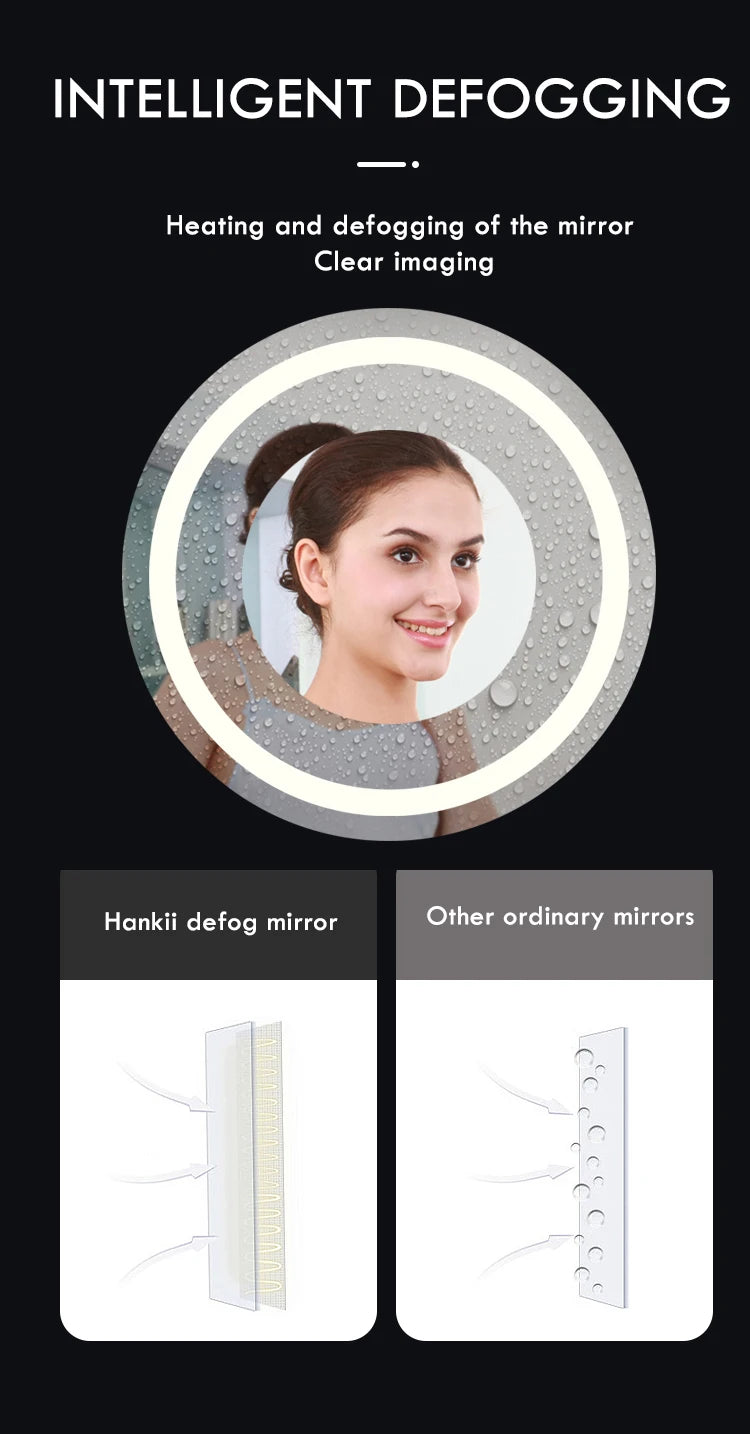 50CM/60cm Round Smart Makeup Bathroom Mirror 3 Color Adjustable LED LIght Multi-Function With Demist Bluetooth Speaker
