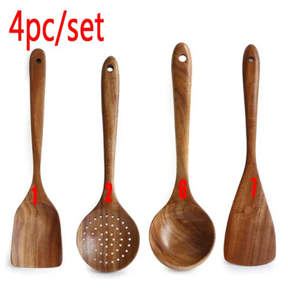 1-7pcs/set Teak natural wood tableware spoon colander spoon special nano soup skimmer cooking spoon wooden kitchen tool kit