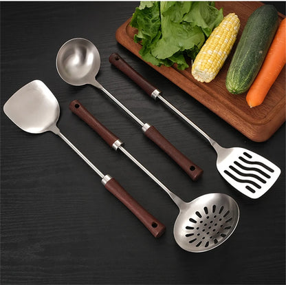 Home Wooden Handle Kitchenware Cooking Utensils Stainless Steel Spatula Frying Shovel Soup Spoon Colander Kitchen Accessories