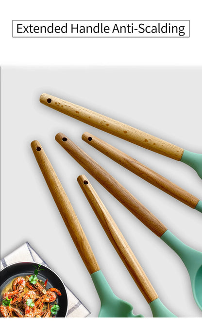 Silicone Kitchenware Cooking Utensils Set Non-stick Cookware Spatula Shovel Egg Beaters Wooden Handle Kitchen Cooking Tool Set