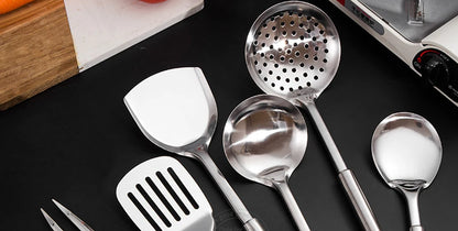 Stainless Steel Cooking Utensils Kitchen 6 Pics With Storage Rack Spatula Colander Cookware Kitchen Tools Serving Soup Spoon