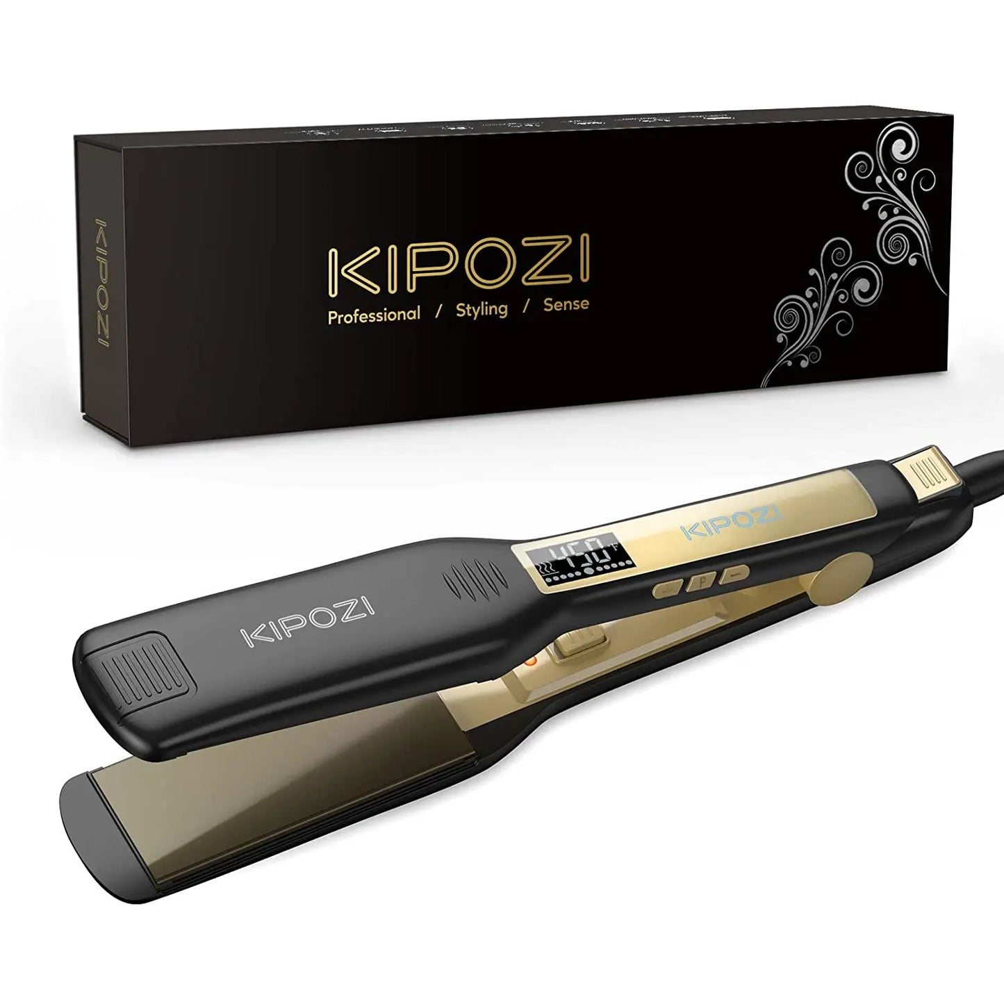 KIPOZI Professional Titanium Flat Iron Hair Straightener – Digital LCD Display, Dual Voltage, Instant Heating