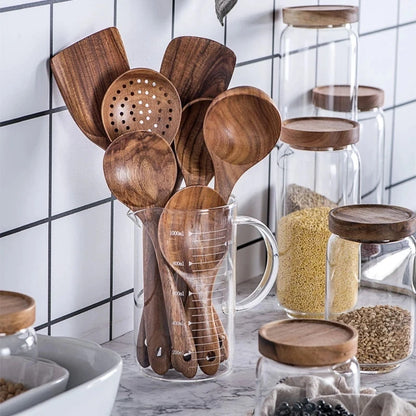 1-7pcs/set Teak natural wood tableware spoon colander spoon special nano soup skimmer cooking spoon wooden kitchen tool kit