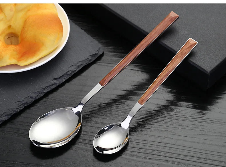 24pcs Kitchen Cutlery Set Utensils Stainless Steel Fork Spoons Knife Teaspoons Dinnerware Tableware Sets Imitation Wooden Handle