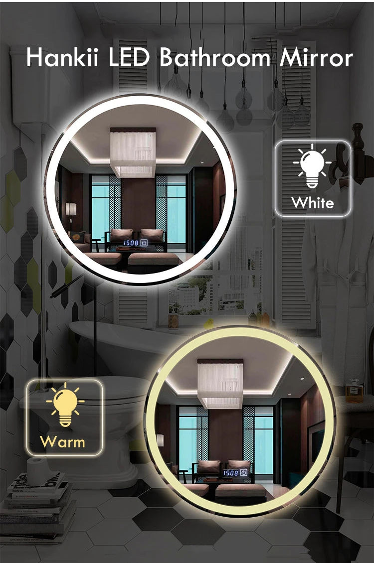 50CM/60cm Round Smart Makeup Bathroom Mirror 3 Color Adjustable LED LIght Multi-Function With Demist Bluetooth Speaker
