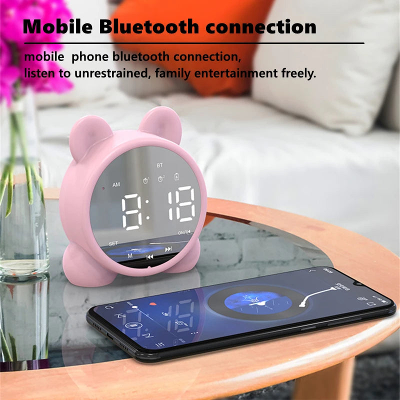 Kids Bluetooth Mirror Alarm Clock – Cute Cat Digital LED Bedside Clock for Children’s Sleep