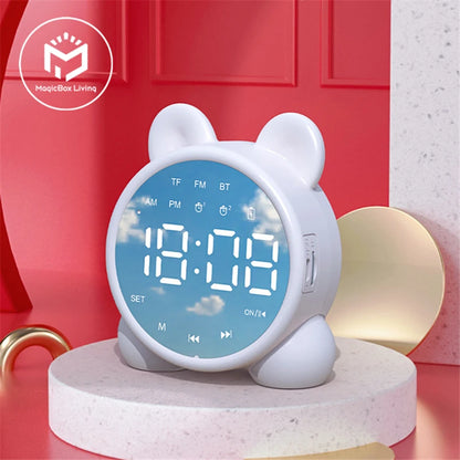 Kids Bluetooth Mirror Alarm Clock – Cute Cat Digital LED Bedside Clock for Children’s Sleep