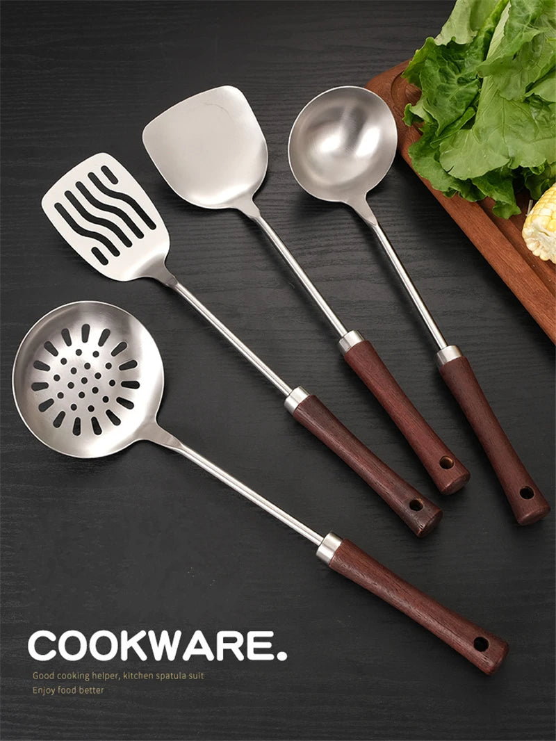 Home Wooden Handle Kitchenware Cooking Utensils Stainless Steel Spatula Frying Shovel Soup Spoon Colander Kitchen Accessories