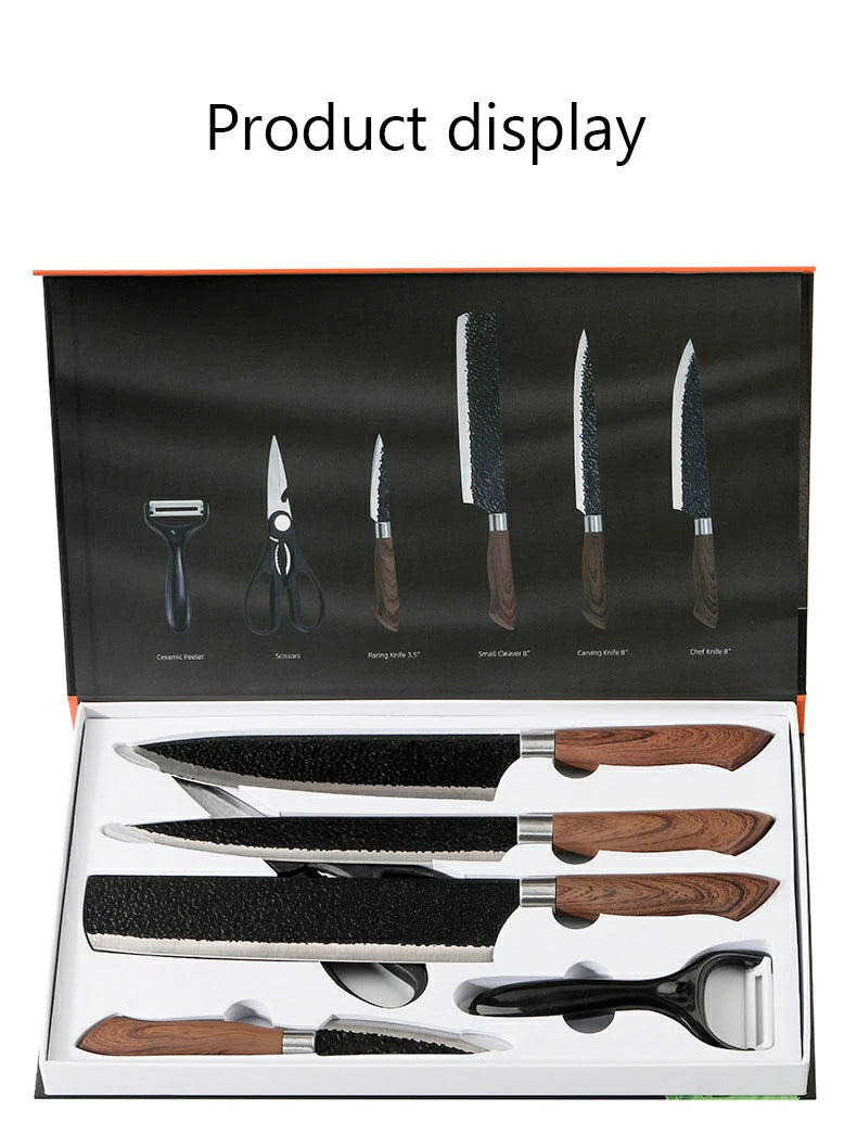 6pcs Kitchen Knives Set Chef Slicing Knives Set Meat Cleaver Fruit Knife Peeler Scissors Stainless Steel Cooking Set Tools
