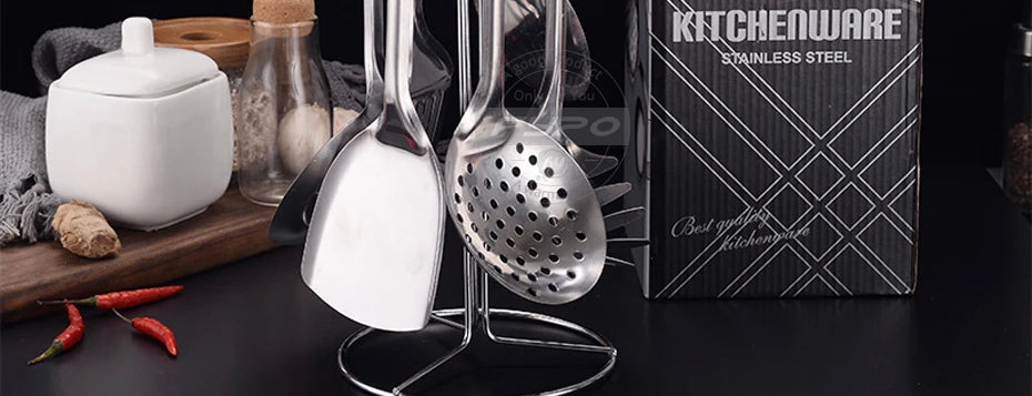 Stainless Steel Cooking Utensils Kitchen 6 Pics With Storage Rack Spatula Colander Cookware Kitchen Tools Serving Soup Spoon