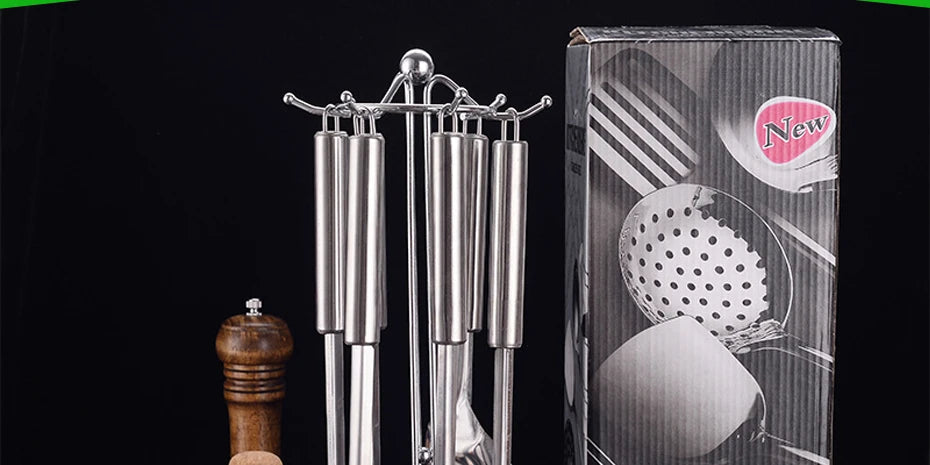 Stainless Steel Cooking Utensils Kitchen 6 Pics With Storage Rack Spatula Colander Cookware Kitchen Tools Serving Soup Spoon
