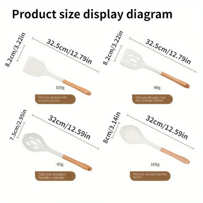 1Set of Silicone Kitchen Utensils with Wooden Handles,equipped with Storage Buckets for Easy Storage and A Cleaner Kitchen
