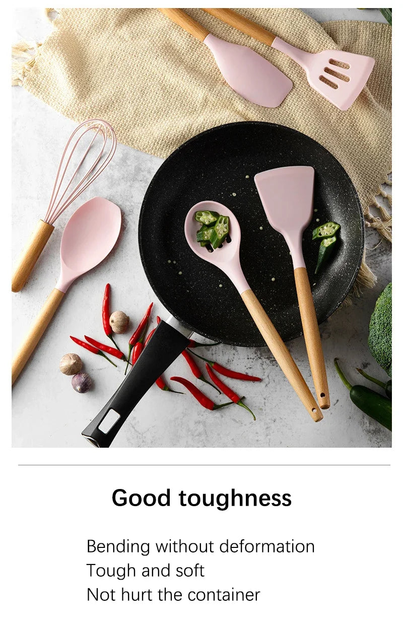 Pink Cooking Kitchenware Tool Silicone Utensils With Wooden Multifunction Handle Non-Stick Spatula Ladle Egg Beaters Shovel