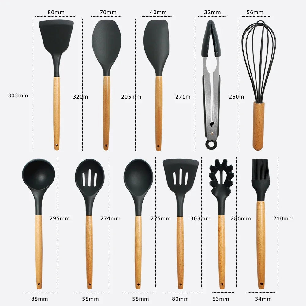 Silicone Kitchen Utensils Set, Non - stick Spatula Shovel, Wooden Handle Cooking Tools, Kitchen Accessories Tool, 9/11/12Pc