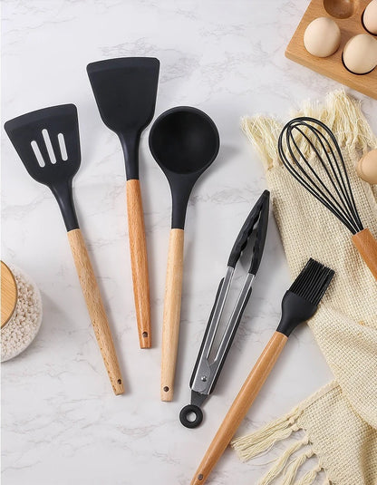 Kitchen Tools Set Wooden Handle Nonstick Pan Food Grade Cooking Silicone Storage Kit Stir Fry Baking Kitchen Set